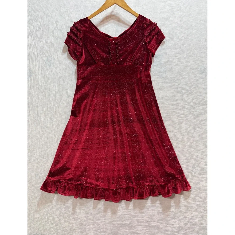 Hype Velvet‎ Glitter Dress Girls 16 Red Holiday Party Ruffle Sparkly V-Neck Y2K